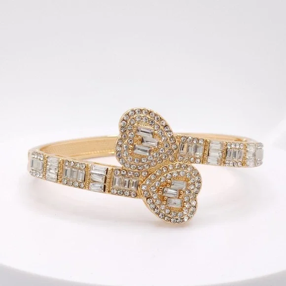 Gold Plated Double Heart Hinged Cuff Bracelet Women's CZ Bangle Romantic Jewelry - Picture 17 of 17